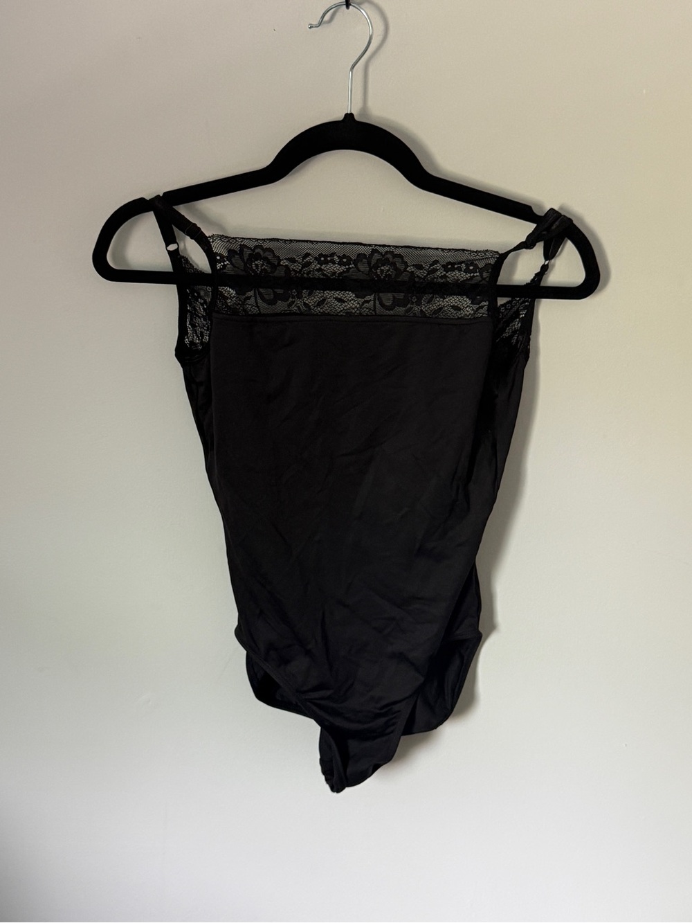 Black Lace-Trim Stretch Bodysuit with Adjustable Straps